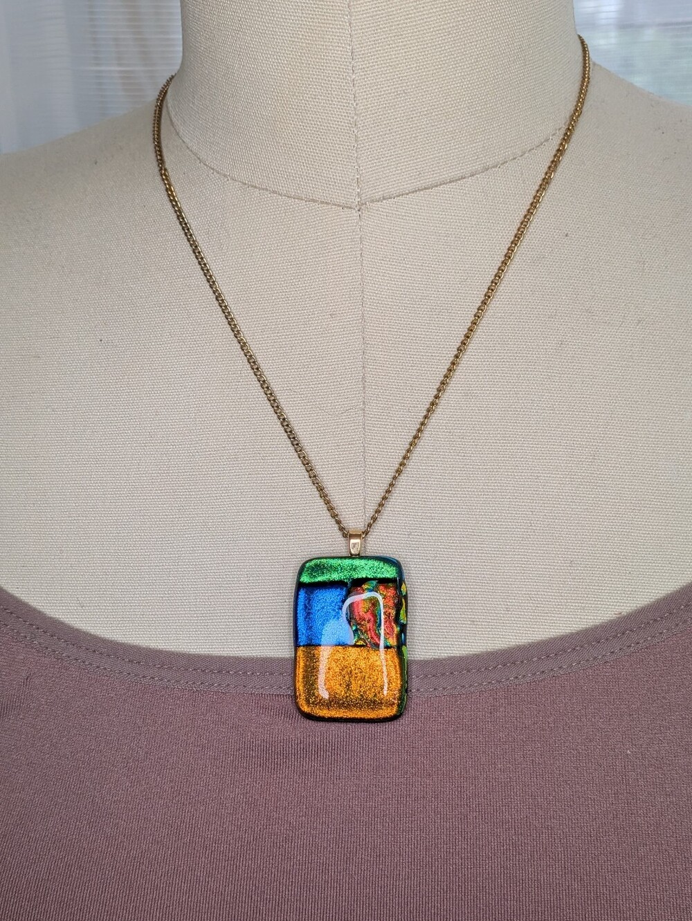 Artisan Dichroic Fused Glass Pendant Necklace Blue Green Gold Abstract